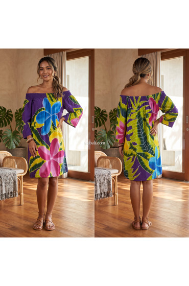 Hand Painted Rayon Off Shoulder Dress